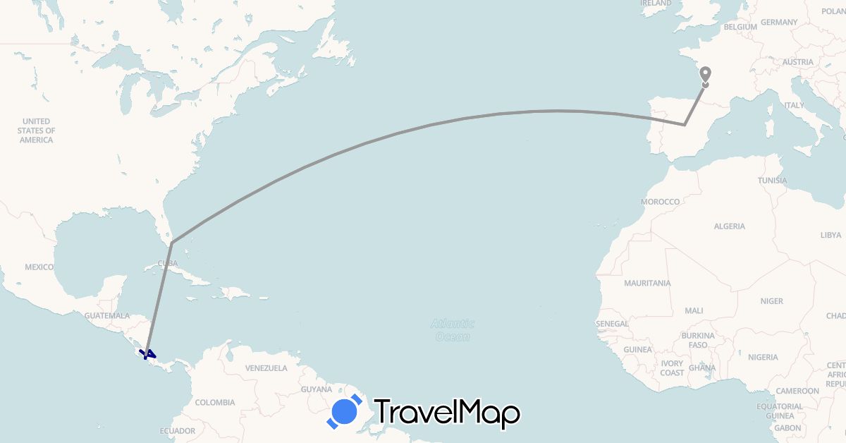 TravelMap itinerary: driving, plane in Costa Rica, Spain, France, United States (Europe, North America)